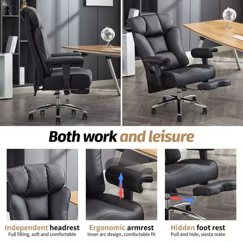 Chaise de bureau ergonomique Efomao, capacité de 450LBS, avec repose-pieds, fauteuil de direction à dossier haut en cuir PU avec soutien lombaire et accoudoirs réglables
