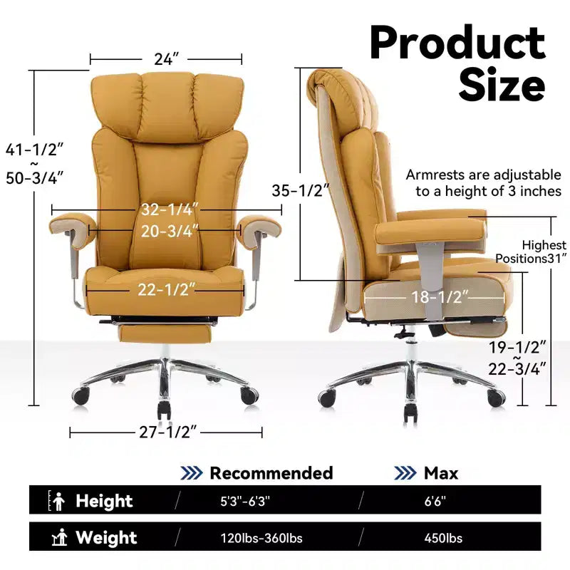 Chaise de bureau ergonomique Efomao, capacité de 450LBS, avec repose-pieds, fauteuil de direction à dossier haut en cuir PU avec soutien lombaire et accoudoirs réglables
