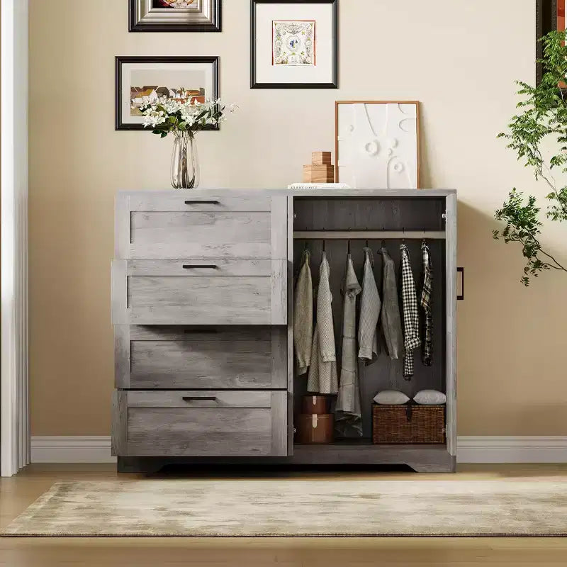 Commode en bois de 43.3 H avec espace de rangement, armoire-penderie avec 4 tiroirs et 2 portes