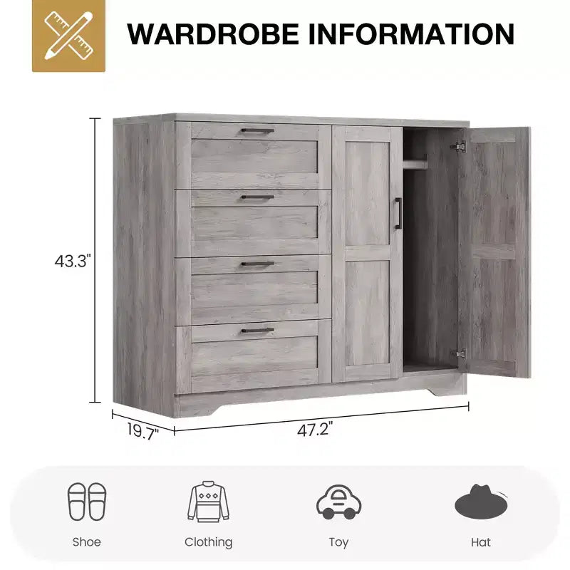 Holzkommode mit 43.3 H und Stauraum, Kleiderschrank mit 4 Schubladen und 2 Türen