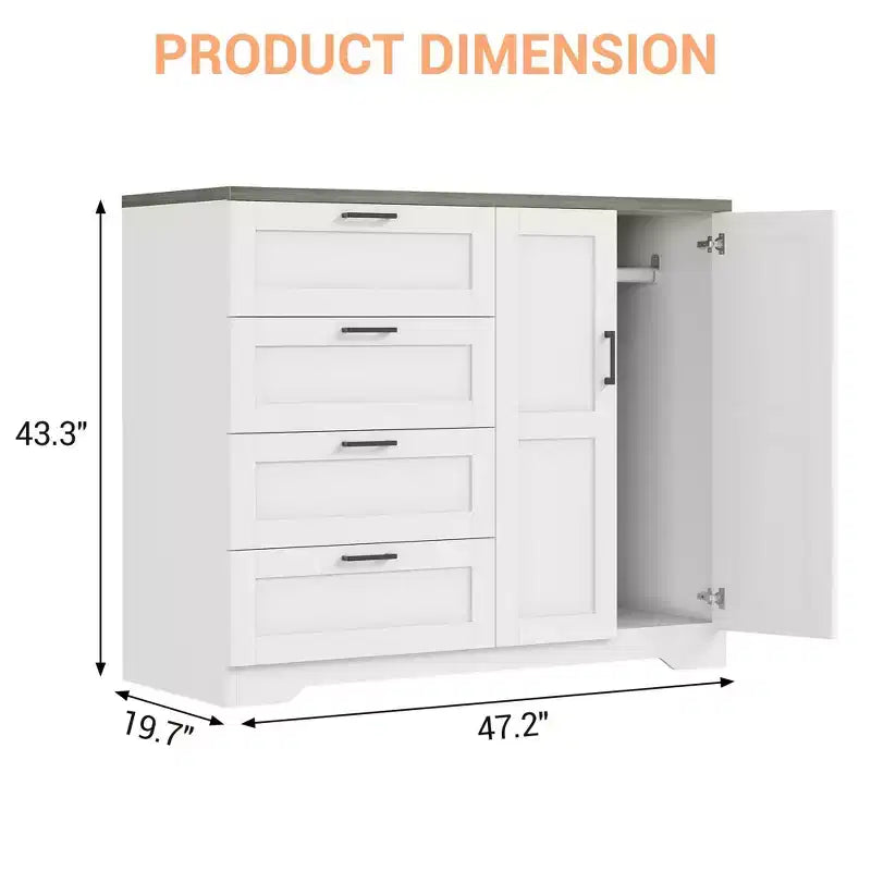 Holzkommode mit 43.3 H und Stauraum, Kleiderschrank mit 4 Schubladen und 2 Türen