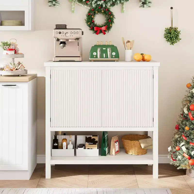 Schmale Sofatische mit Stauraum, Konsolentisch mit 2 Türen, modernes Sideboard mit Ablagefläche, Kaffeebar fürs Wohnzimmer oder Büro, Weiß