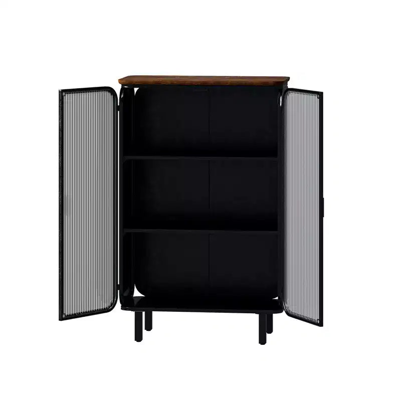 Meuble moderne à deux portes vitrées avec rangement à trois niveaux, dessus en sapin unique de 28,35 pouces, noir, pour l’entrée