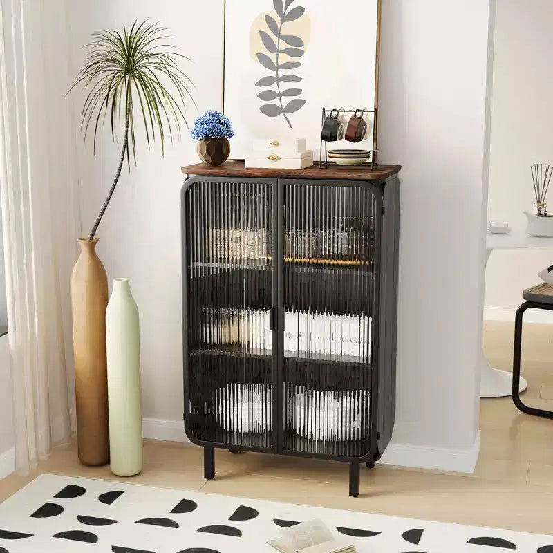 Meuble moderne à deux portes vitrées avec rangement à trois niveaux, dessus en sapin unique de 28,35 pouces, noir, pour l’entrée