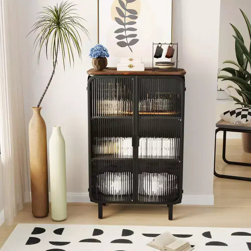 Meuble moderne à deux portes vitrées avec rangement à trois niveaux, dessus en sapin unique de 28,35 pouces, noir, pour l’entrée