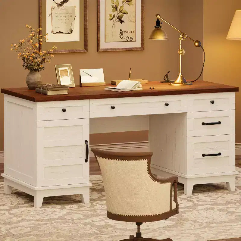Chefschreibtisch mit Schubladen, Schreibtisch im Landhausstil fürs Homeoffice mit Ladestation, 60-Zoll-Schreibtisch aus Holz zum Schreiben und für den Computer, mit Aktenschrank-Stauraum