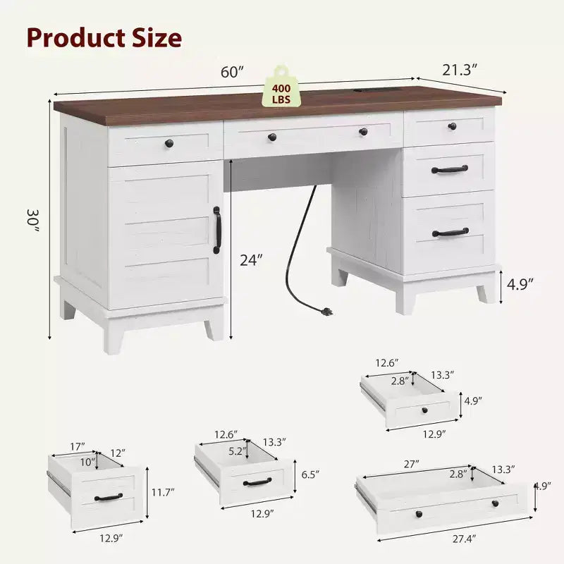 Chefschreibtisch mit Schubladen, Schreibtisch im Landhausstil fürs Homeoffice mit Ladestation, 60-Zoll-Schreibtisch aus Holz zum Schreiben und für den Computer, mit Aktenschrank-Stauraum