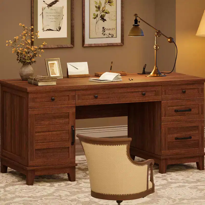 Chefschreibtisch mit Schubladen, Schreibtisch im Landhausstil fürs Homeoffice mit Ladestation, 60-Zoll-Schreibtisch aus Holz zum Schreiben und für den Computer, mit Aktenschrank-Stauraum
