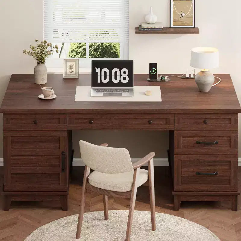 Bureau de direction avec tiroirs, bureau de télétravail de style ferme avec station de recharge, bureau d’ordinateur et d’écriture en bois de 60 avec rangement pour classeur incorporé