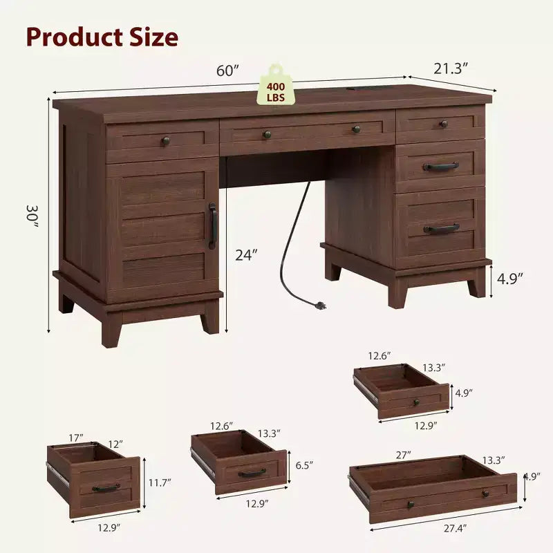 Chefschreibtisch mit Schubladen, Schreibtisch im Landhausstil fürs Homeoffice mit Ladestation, 60-Zoll-Schreibtisch aus Holz zum Schreiben und für den Computer, mit Aktenschrank-Stauraum