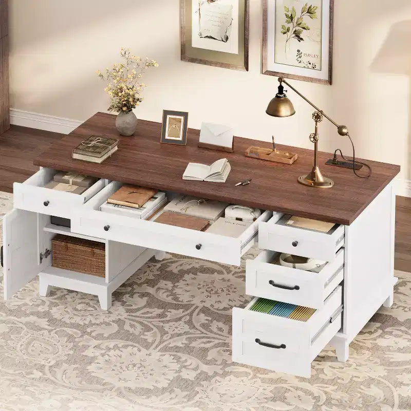 Bureau de direction avec tiroirs, bureau de télétravail de style ferme avec station de recharge, bureau d’ordinateur et d’écriture en bois de 60 avec rangement pour classeur incorporé