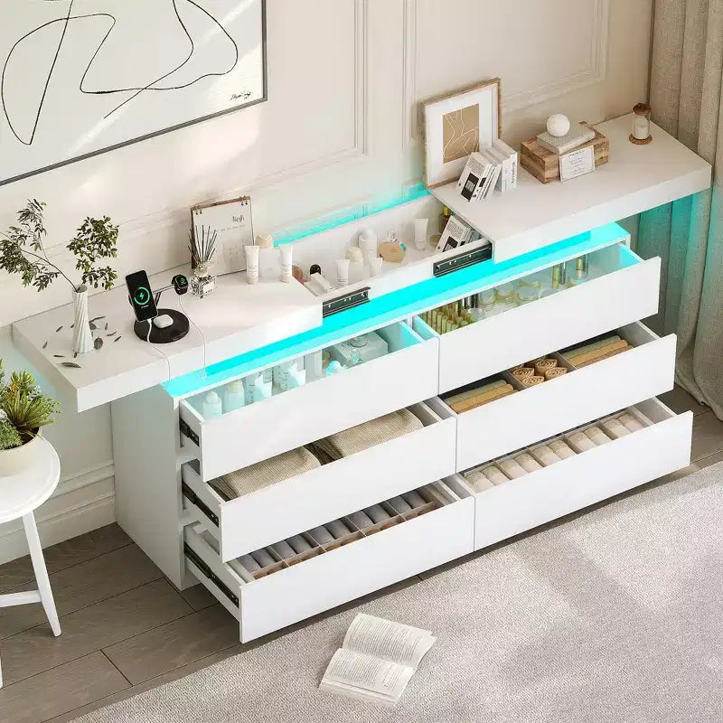 Moderner Schminktisch mit 6 Schubladen und verschiebbarer Tischplatte, mit Schubladen und Organizer für Schlafzimmer, Kleiderschrank und Wohnzimmer