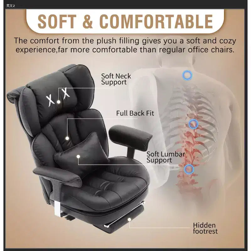 Chaise de bureau grande taille avec repose-pieds, fauteuil de direction à dossier haut avec large assise, accoudoirs réglables, chaise ergonomique pour ordinateur, noir