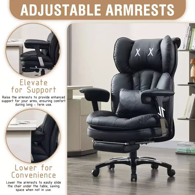 Bürostuhl für große und kräftige Personen mit Fußstütze, hoher Chefsessel mit breiter Sitzfläche, verstellbaren Armlehnen, ergonomischer Computerstuhl, Schwarz