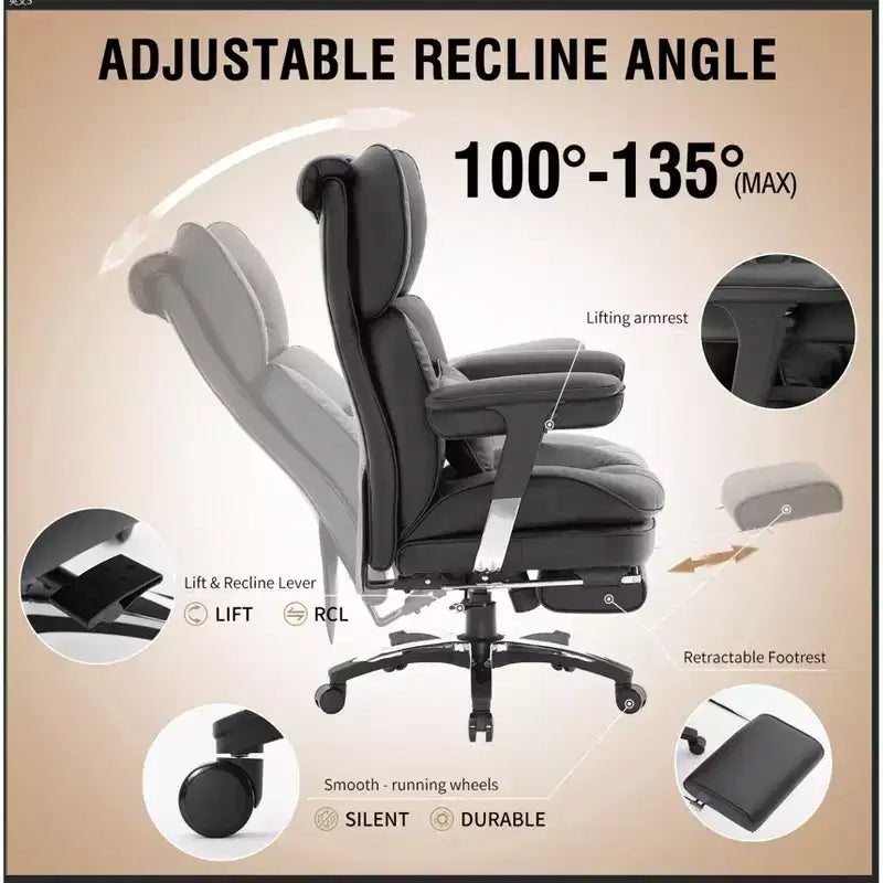 Chaise de bureau grande taille avec repose-pieds, fauteuil de direction à dossier haut avec large assise, accoudoirs réglables, chaise ergonomique pour ordinateur, noir