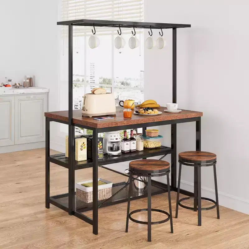 Îlot de cuisine de 42/47 pouces avec rangement et sièges - étagère de boulanger à 3 niveaux, support pour micro-ondes, table à manger pour 4 personnes, 5 crochets et capacité de 50lb
