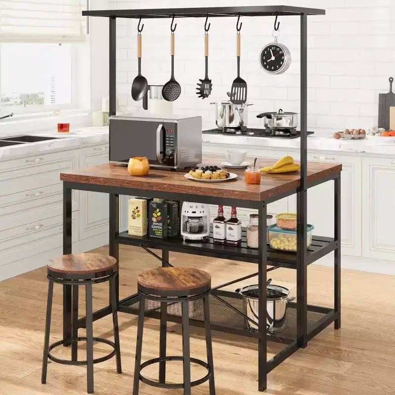Îlot de cuisine de 42/47 pouces avec rangement et sièges - étagère de boulanger à 3 niveaux, support pour micro-ondes, table à manger pour 4 personnes, 5 crochets et capacité de 50lb