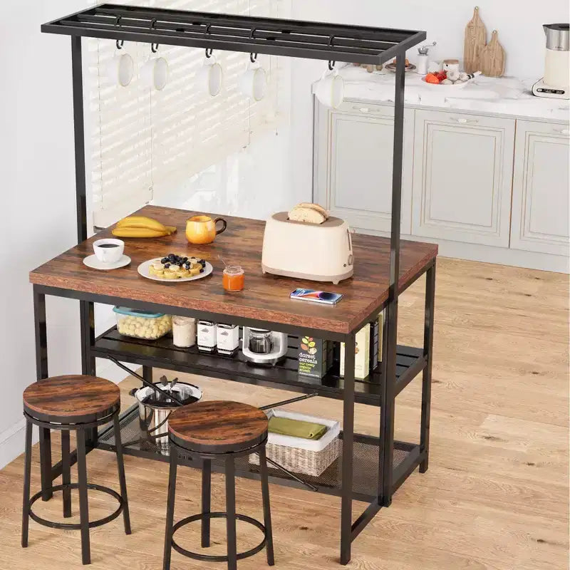 Îlot de cuisine de 42/47 pouces avec rangement et sièges - étagère de boulanger à 3 niveaux, support pour micro-ondes, table à manger pour 4 personnes, 5 crochets et capacité de 50lb