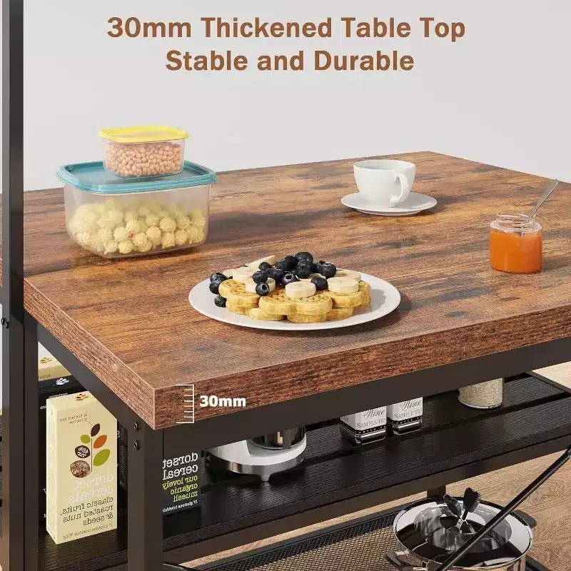Îlot de cuisine de 42/47 pouces avec rangement et sièges - étagère de boulanger à 3 niveaux, support pour micro-ondes, table à manger pour 4 personnes, 5 crochets et capacité de 50lb