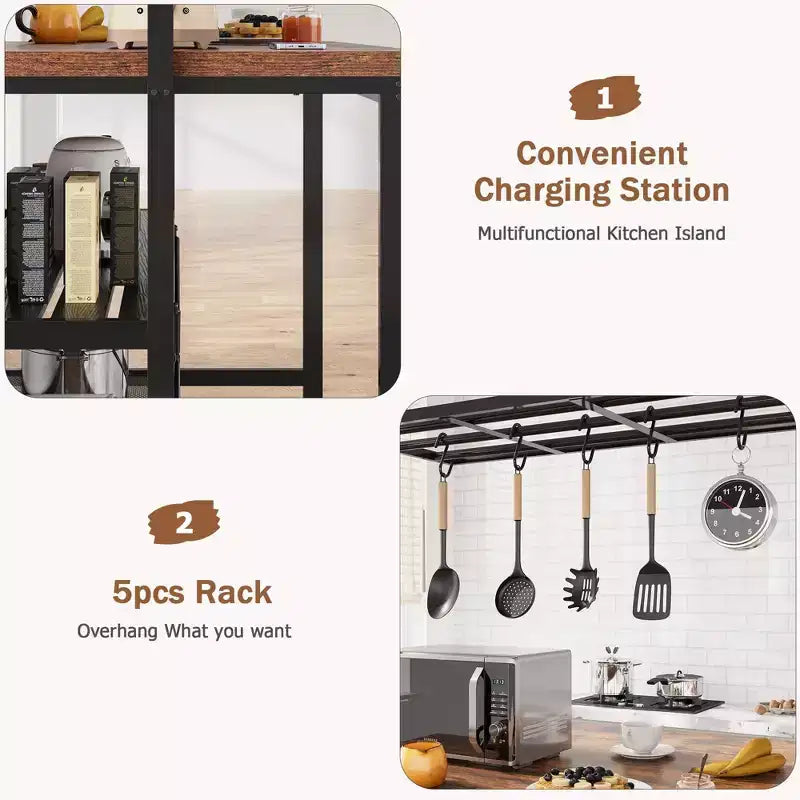 Îlot de cuisine de 42/47 pouces avec rangement et sièges - étagère de boulanger à 3 niveaux, support pour micro-ondes, table à manger pour 4 personnes, 5 crochets et capacité de 50lb