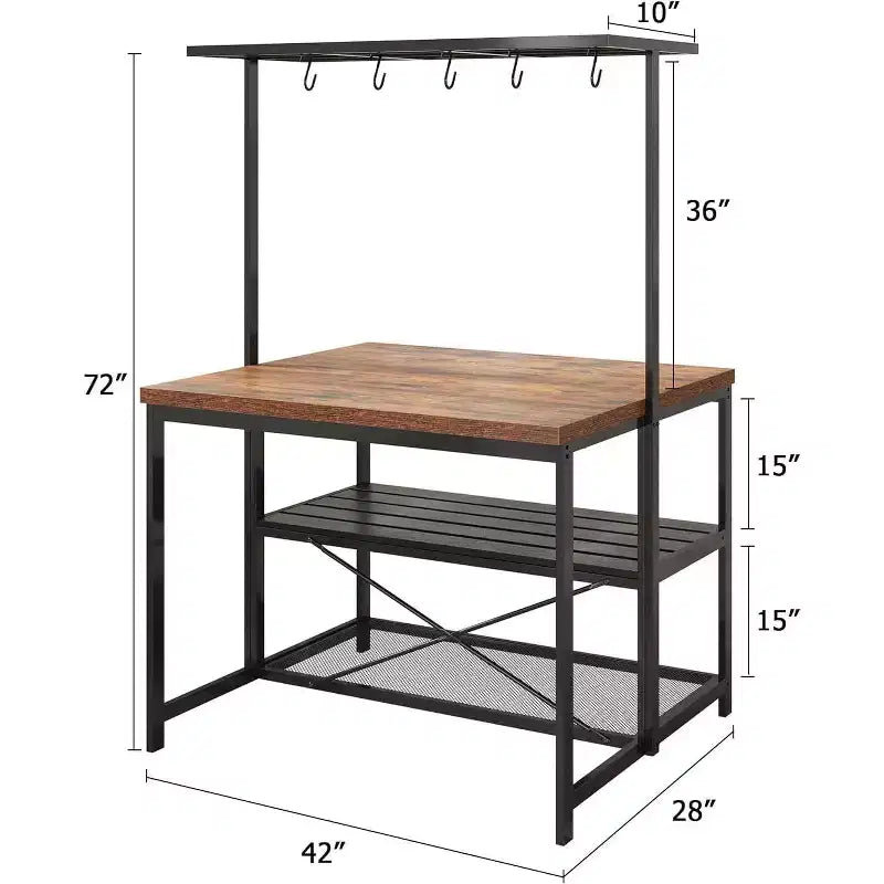 Îlot de cuisine de 42/47 pouces avec rangement et sièges - étagère de boulanger à 3 niveaux, support pour micro-ondes, table à manger pour 4 personnes, 5 crochets et capacité de 50lb