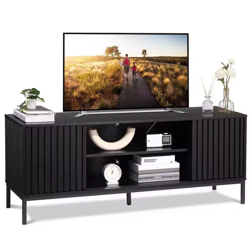 Meuble TV noir pour téléviseur de 32-65 pouces, centre de divertissement moderne avec placards de rangement, meuble console TV pour salon