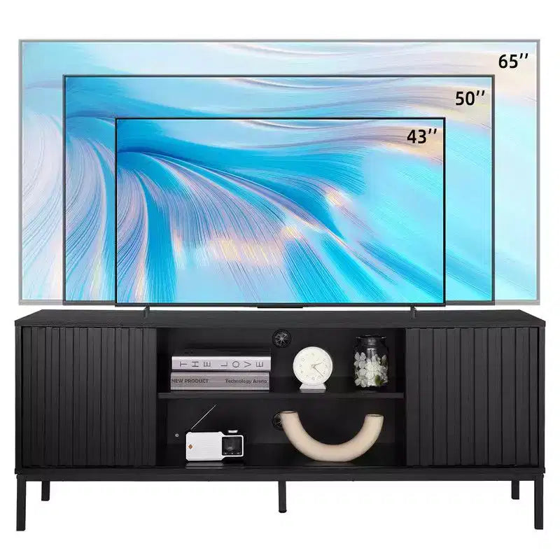 Meuble TV noir pour téléviseur de 32-65 pouces, centre de divertissement moderne avec placards de rangement, meuble console TV pour salon