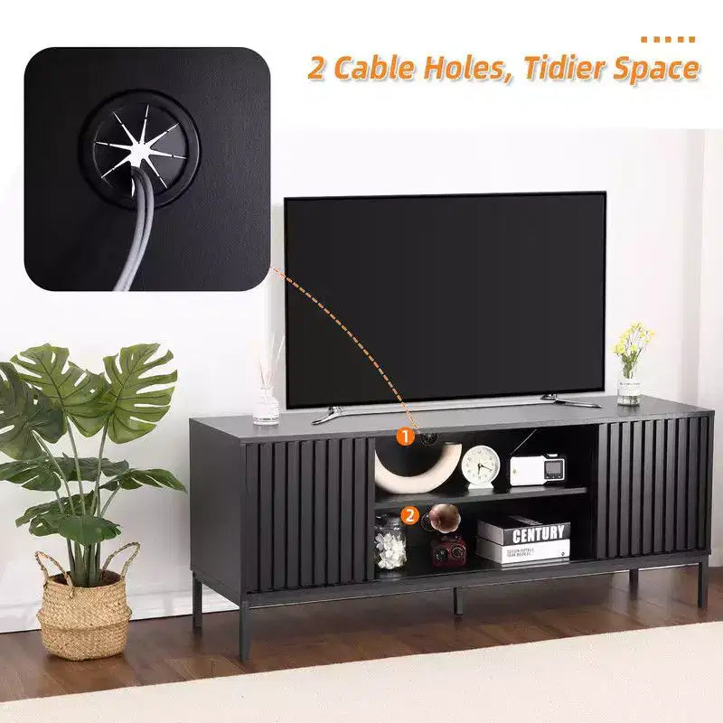 Schwarzer TV-Ständer für 32-65-Zoll-Fernseher, modernes Entertainment-Center mit Schränken, TV-Konsole fürs Wohnzimmer