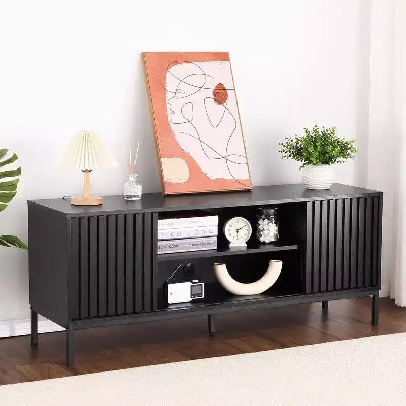 Schwarzer TV-Ständer für 32-65-Zoll-Fernseher, modernes Entertainment-Center mit Schränken, TV-Konsole fürs Wohnzimmer