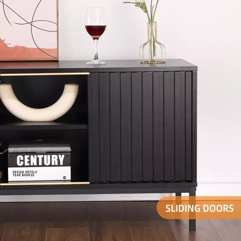 Schwarzer TV-Ständer für 32-65-Zoll-Fernseher, modernes Entertainment-Center mit Schränken, TV-Konsole fürs Wohnzimmer