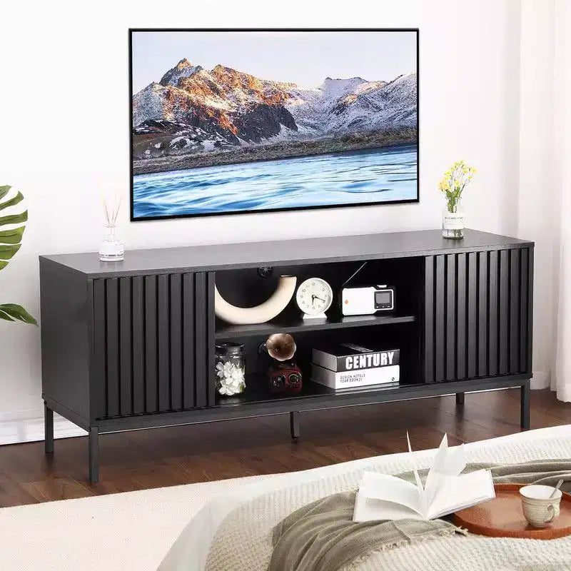 Schwarzer TV-Ständer für 32-65-Zoll-Fernseher, modernes Entertainment-Center mit Schränken, TV-Konsole fürs Wohnzimmer