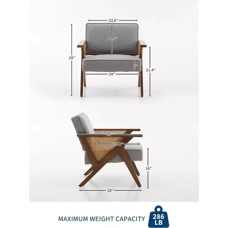 Lounge-Sessel aus Rattan im Mid-Century-Stil, gepolsterter Vintage-Sessel aus Leinen mit Massivholzgestell für Wohnzimmer/Schlafzimmer, Tragkraft 286LB, Beige/Grau (1 STÜCK)