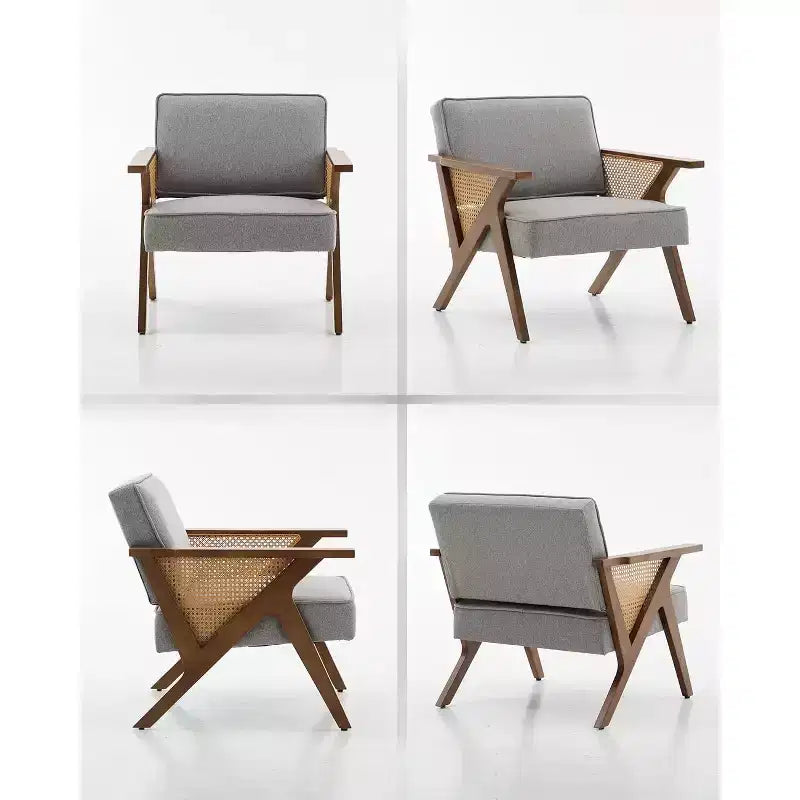 Lounge-Sessel aus Rattan im Mid-Century-Stil, gepolsterter Vintage-Sessel aus Leinen mit Massivholzgestell für Wohnzimmer/Schlafzimmer, Tragkraft 286LB, Beige/Grau (1 STÜCK)