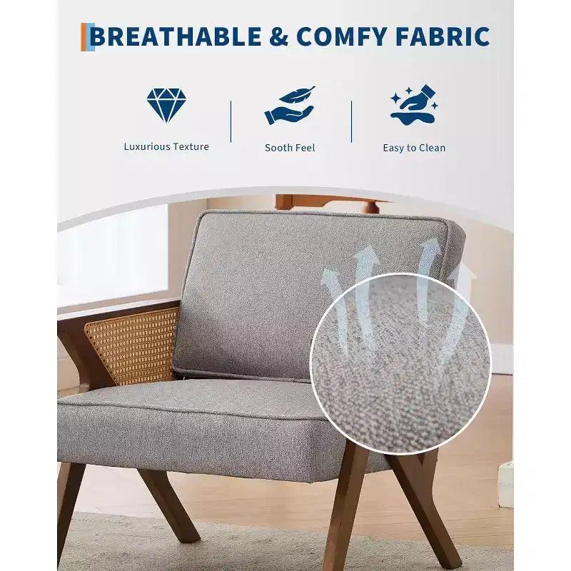 Lounge-Sessel aus Rattan im Mid-Century-Stil, gepolsterter Vintage-Sessel aus Leinen mit Massivholzgestell für Wohnzimmer/Schlafzimmer, Tragkraft 286LB, Beige/Grau (1 STÜCK)