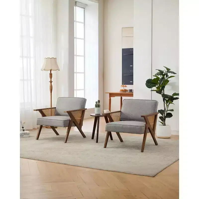 Lounge-Sessel aus Rattan im Mid-Century-Stil, gepolsterter Vintage-Sessel aus Leinen mit Massivholzgestell für Wohnzimmer/Schlafzimmer, Tragkraft 286LB, Beige/Grau (1 STÜCK)