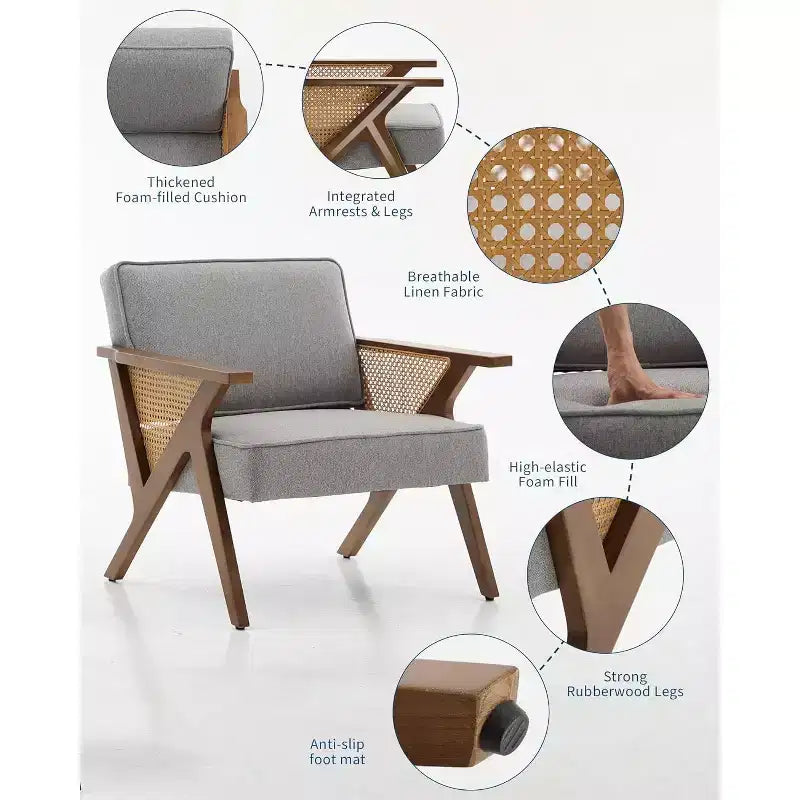 Lounge-Sessel aus Rattan im Mid-Century-Stil, gepolsterter Vintage-Sessel aus Leinen mit Massivholzgestell für Wohnzimmer/Schlafzimmer, Tragkraft 286LB, Beige/Grau (1 STÜCK)