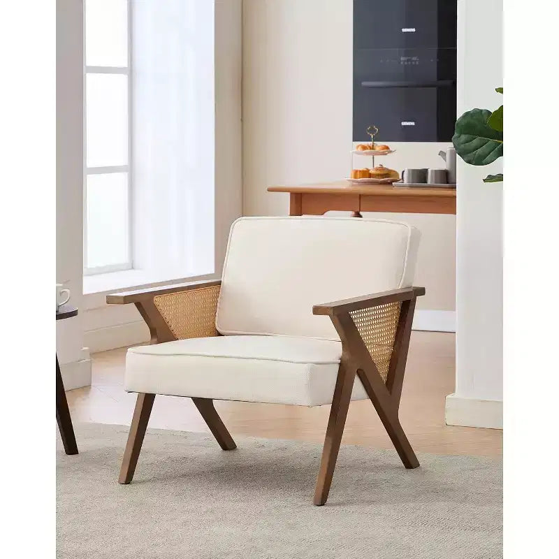 Lounge-Sessel aus Rattan im Mid-Century-Stil, gepolsterter Vintage-Sessel aus Leinen mit Massivholzgestell für Wohnzimmer/Schlafzimmer, Tragkraft 286LB, Beige/Grau (1 STÜCK)
