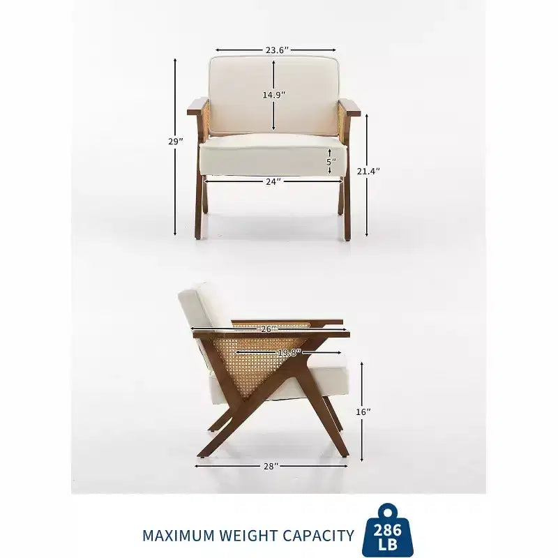 Lounge-Sessel aus Rattan im Mid-Century-Stil, gepolsterter Vintage-Sessel aus Leinen mit Massivholzgestell für Wohnzimmer/Schlafzimmer, Tragkraft 286LB, Beige/Grau (1 STÜCK)