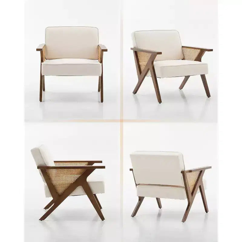 Lounge-Sessel aus Rattan im Mid-Century-Stil, gepolsterter Vintage-Sessel aus Leinen mit Massivholzgestell für Wohnzimmer/Schlafzimmer, Tragkraft 286LB, Beige/Grau (1 STÜCK)
