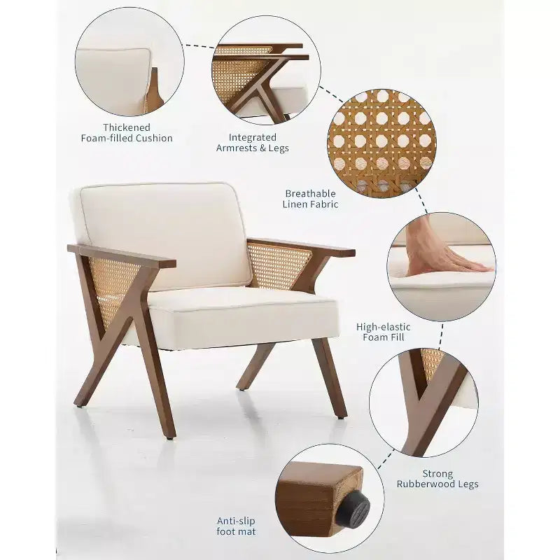 Lounge-Sessel aus Rattan im Mid-Century-Stil, gepolsterter Vintage-Sessel aus Leinen mit Massivholzgestell für Wohnzimmer/Schlafzimmer, Tragkraft 286LB, Beige/Grau (1 STÜCK)