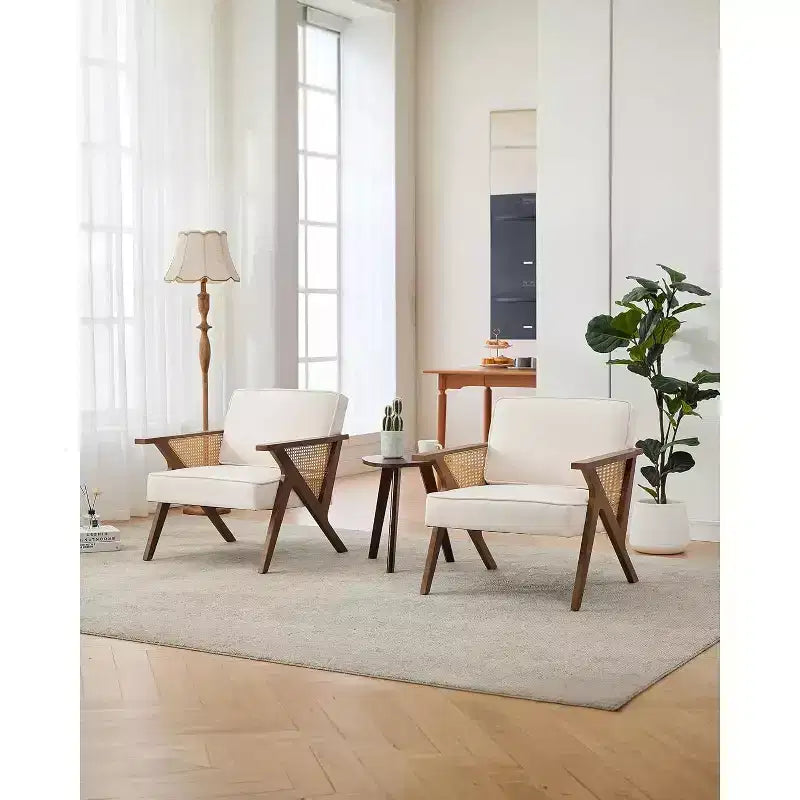 Lounge-Sessel aus Rattan im Mid-Century-Stil, gepolsterter Vintage-Sessel aus Leinen mit Massivholzgestell für Wohnzimmer/Schlafzimmer, Tragkraft 286LB, Beige/Grau (1 STÜCK)