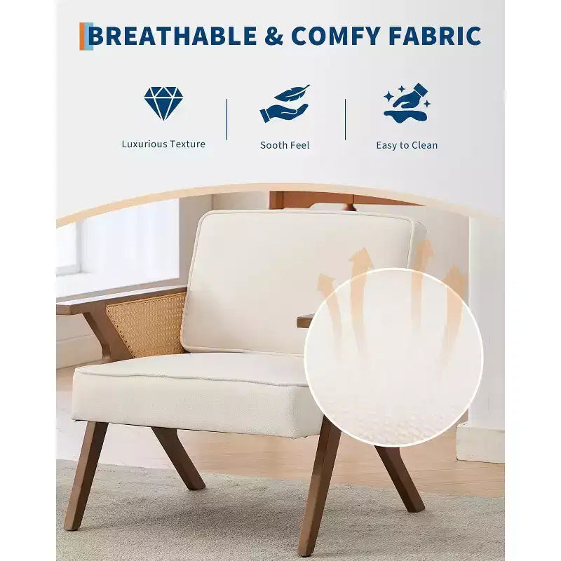 Lounge-Sessel aus Rattan im Mid-Century-Stil, gepolsterter Vintage-Sessel aus Leinen mit Massivholzgestell für Wohnzimmer/Schlafzimmer, Tragkraft 286LB, Beige/Grau (1 STÜCK)
