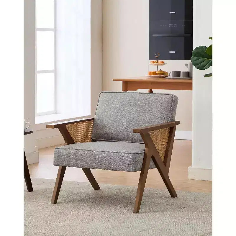 Lounge-Sessel aus Rattan im Mid-Century-Stil, gepolsterter Vintage-Sessel aus Leinen mit Massivholzgestell für Wohnzimmer/Schlafzimmer, Tragkraft 286LB, Beige/Grau (1 STÜCK)