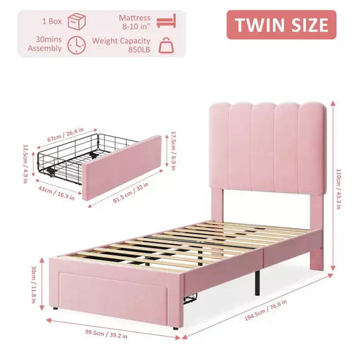 2 Sets mit Bettrahmen für zwei Einzelbetten und Schublade unter dem Bett, gepolstertes Plattformbett aus Samt mit gewelltem Kopfteil, kein Lattenrost erforderlich