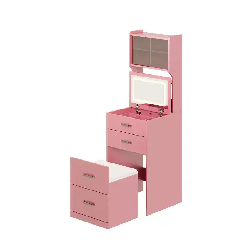 Coiffeuse 3-en-1, ensemble compact de maquillage, table de toilette, miroir de chevet, boîte à bijoux, chaise rembourrée dissimulée