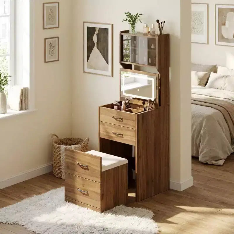 Coiffeuse 3-en-1, ensemble compact de maquillage, table de toilette, miroir de chevet, boîte à bijoux, chaise rembourrée dissimulée
