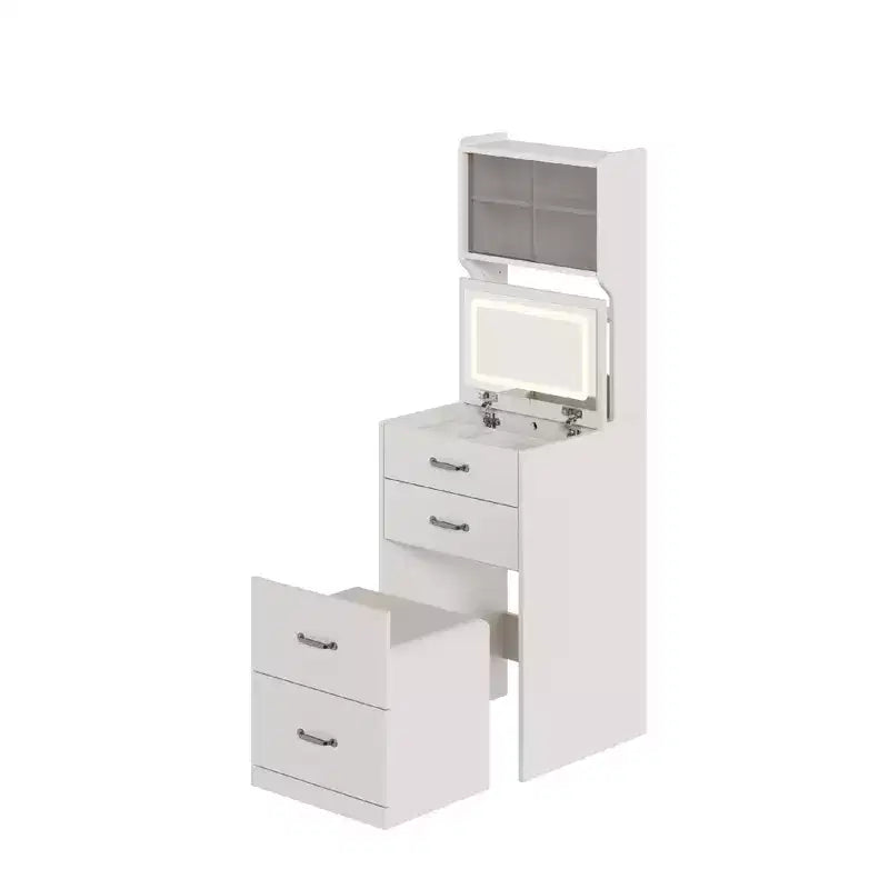 Coiffeuse 3-en-1, ensemble compact de maquillage, table de toilette, miroir de chevet, boîte à bijoux, chaise rembourrée dissimulée