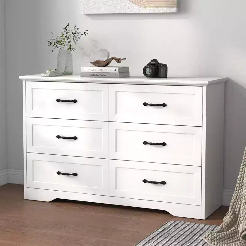 Kommode aus Holz mit 6 Schubladen und Metallgriffen, moderne Aufbewahrungskommode im Landhausstil für Schlafzimmer und Wohnzimmer