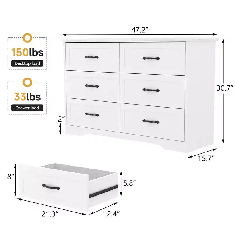 Commode en bois à 6 tiroirs avec poignées en métal, meuble de rangement moderne de style campagne pour chambre et salon