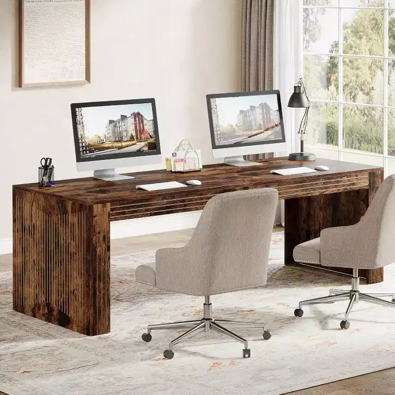 Bureau extra-long de 79 pouces, bureau double pour deux personnes à domicile, long bureau informatique en bois avec surface d’écriture pour le bureau, brun vintage